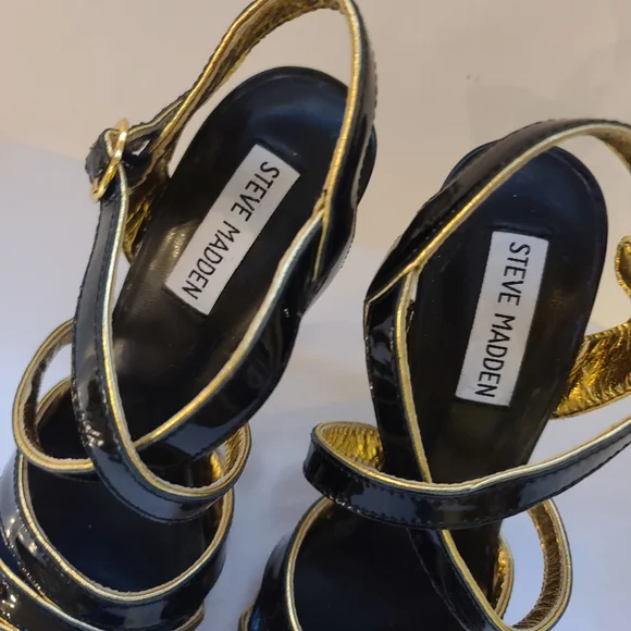 🖤 Steve Madden Tiger Animal Print Black Gold Platform 4 inch Black Heels Size 6 - Picture 5 of 5